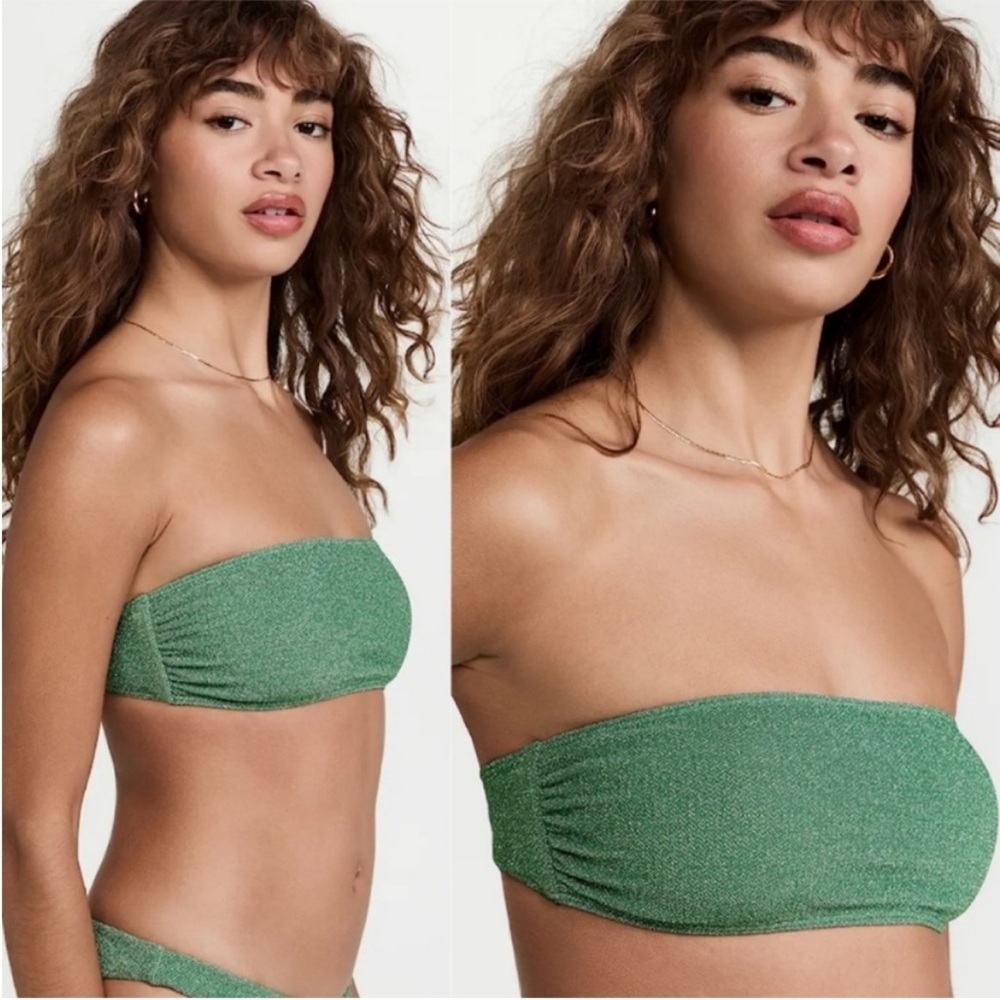 Beach Riot Kelsey Strapless Bikini Top Shimmer Green Emerald revolve bikini